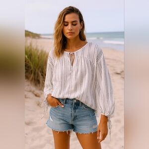 DEREK LAM 10 Crosby Relaxed Fit White Striped Peasant Blouse